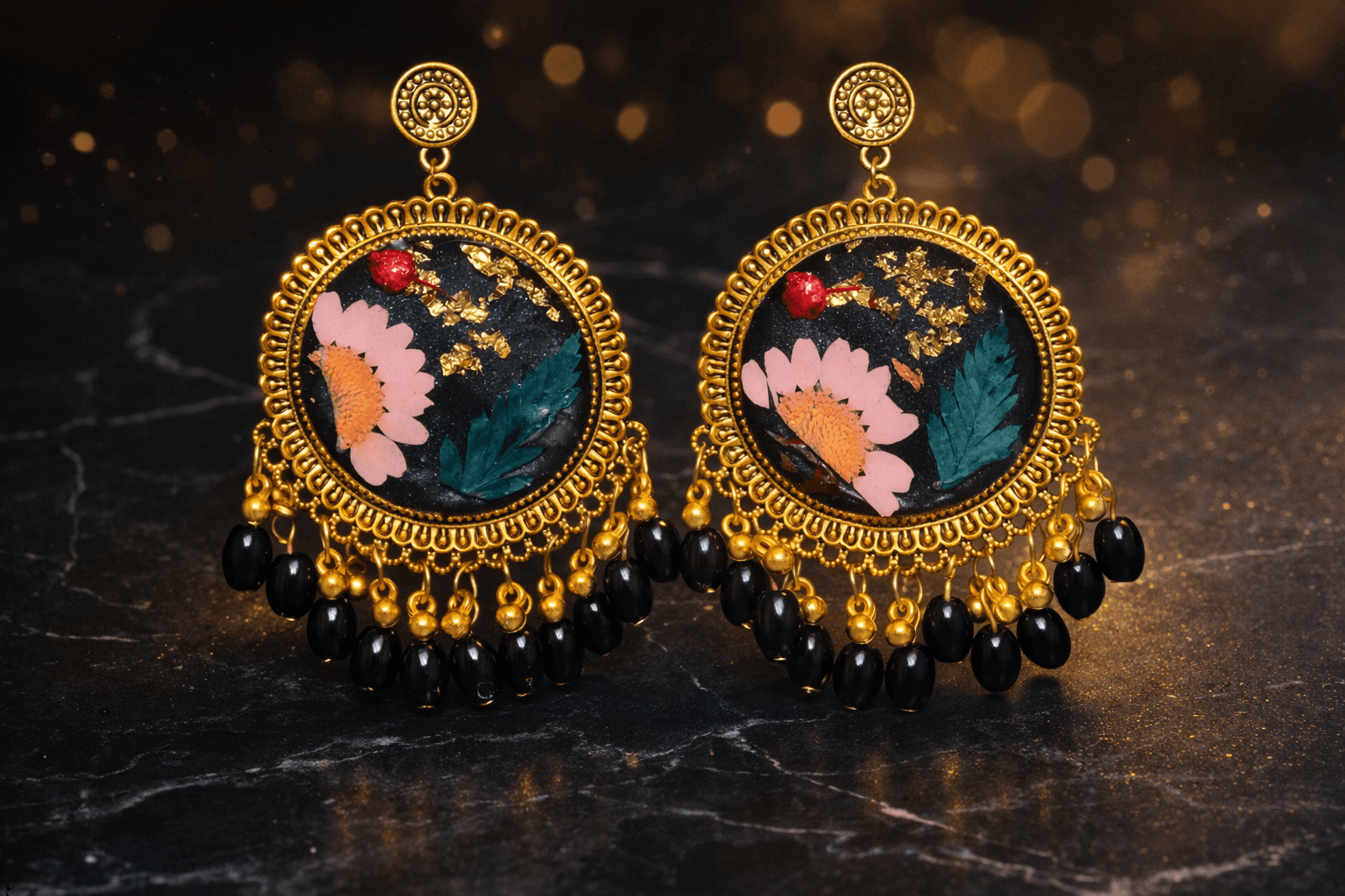 Midnight Bloom Resin Art Earrings